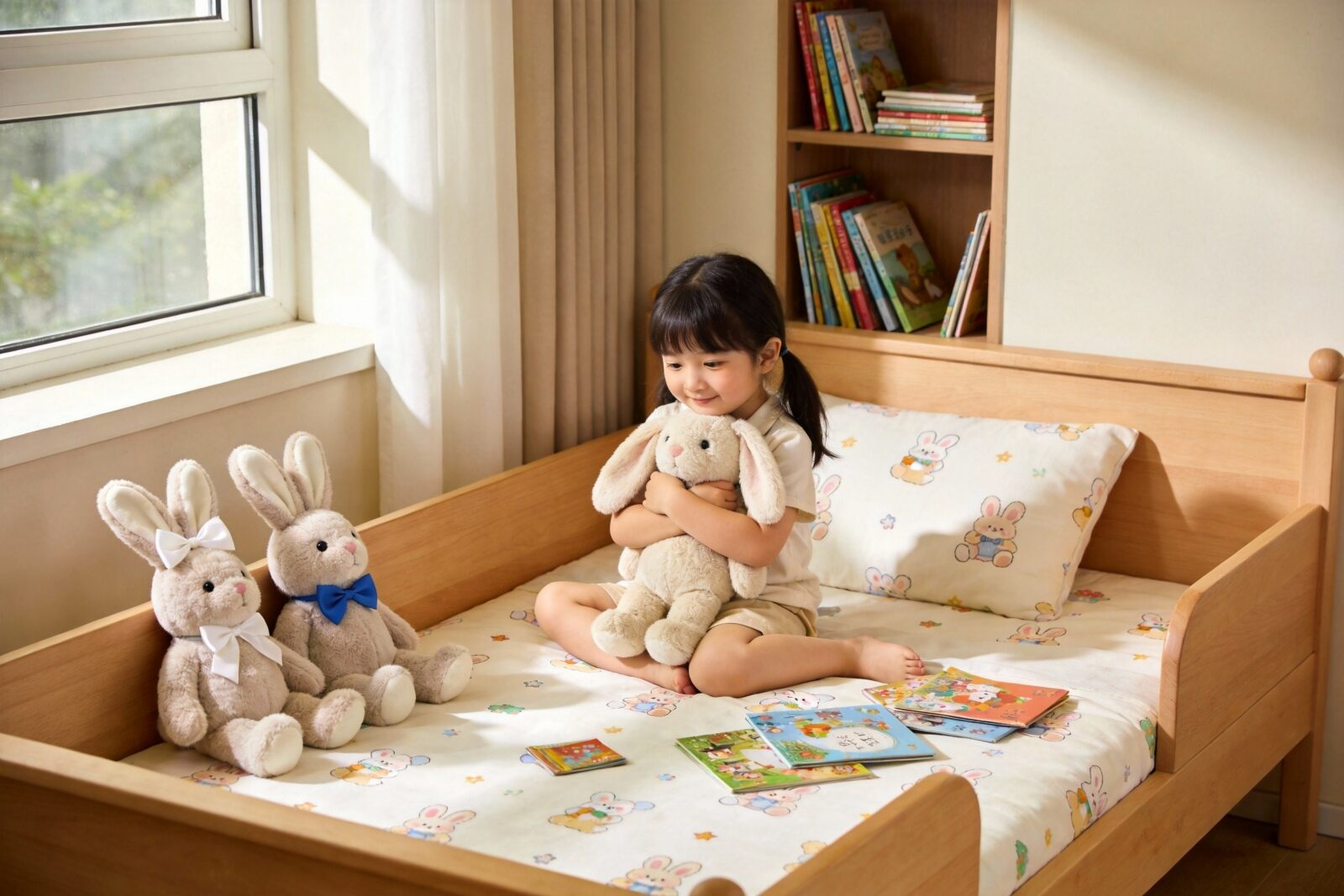 child-hugging-plush-bunny-with-bow-ties-on-wooden-bed-with-rabbit-pattern-bedding