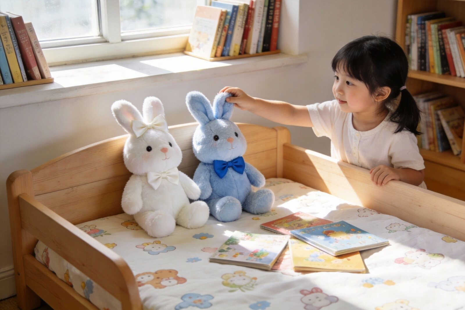 wooden-toddler-bed-with-plush-bunnies-and-child-playing-in-cozy-bedroom