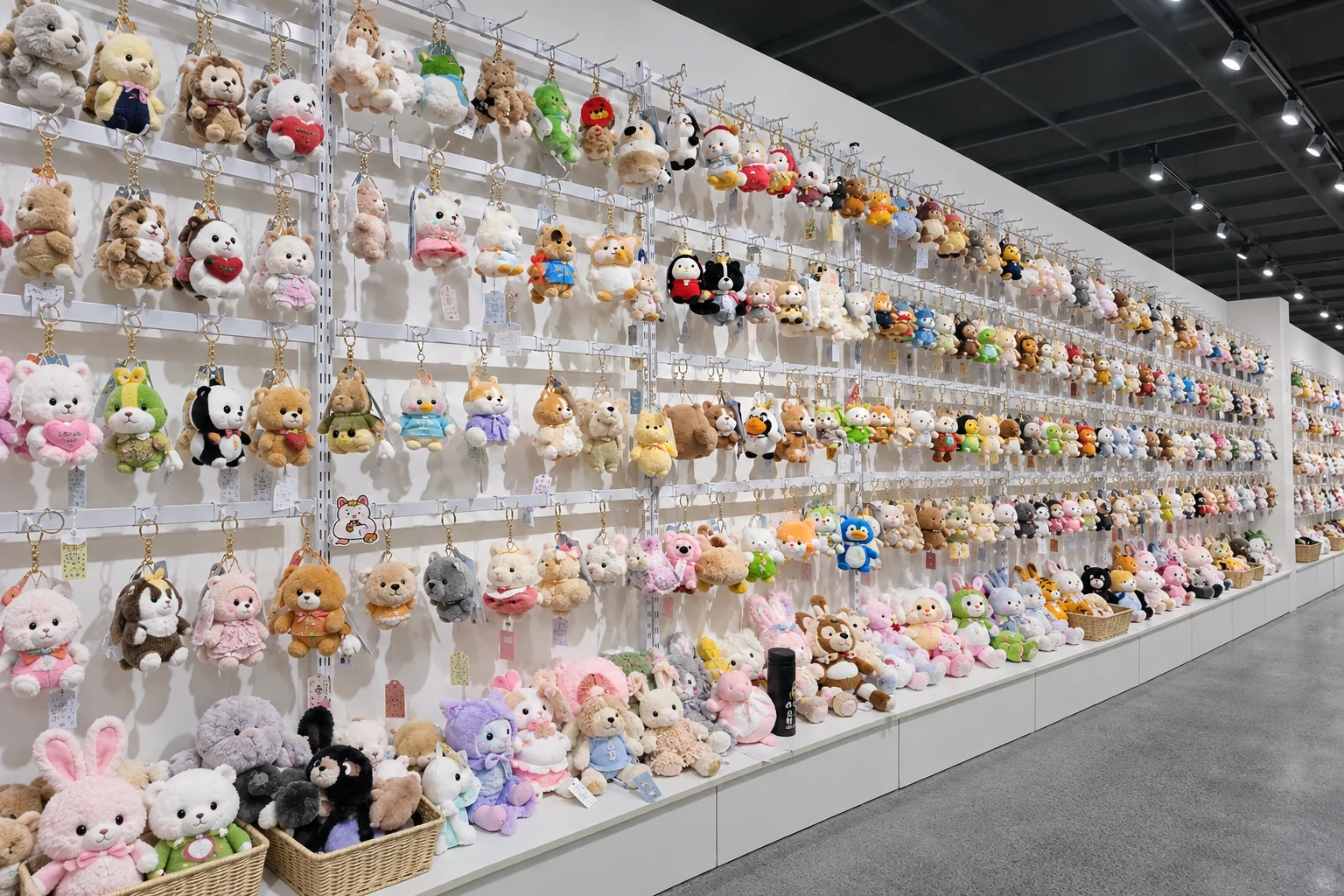 Plush animal keychains displayed on a showroom wall